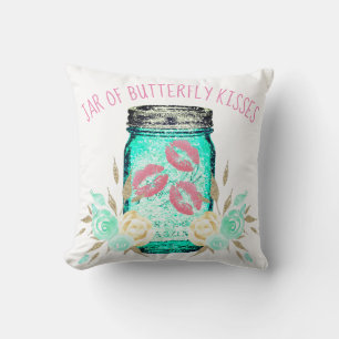 Mason jar flowers butterfly kisses cute teal pink throw pillow