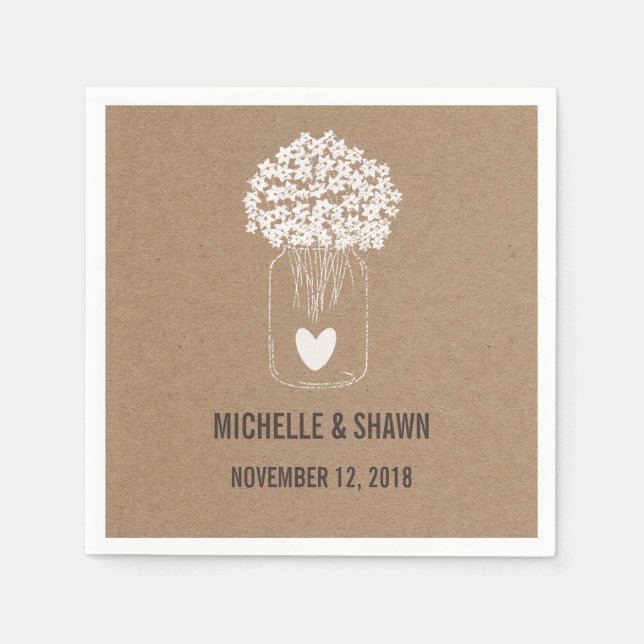 Mason Jar Flowers Cute Heart Country Wedding Paper Napkins (Front)