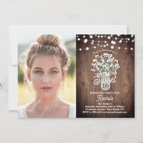 Mason Jar Flowers Lights Sweet 16 Birthday Photo Invitation