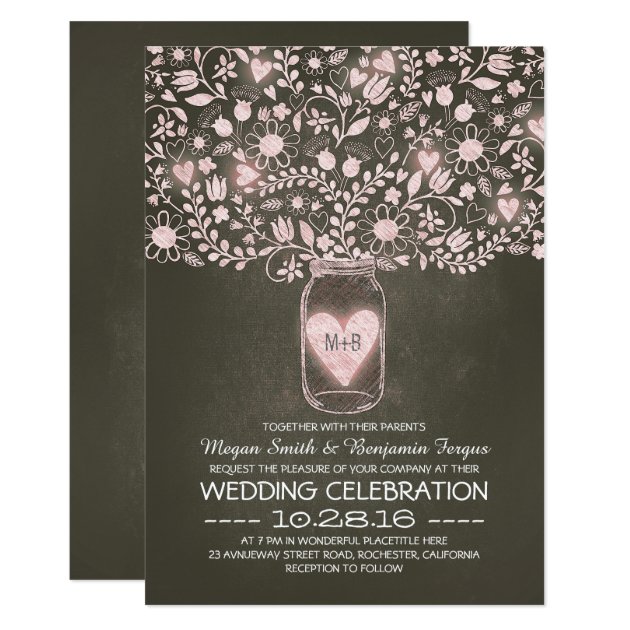 Mason Jar Flowers Pink Rustic Wedding Invites