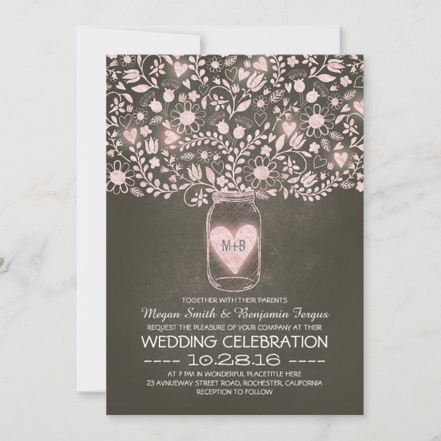 Mason jar flowers pink rustic wedding invites (Front)