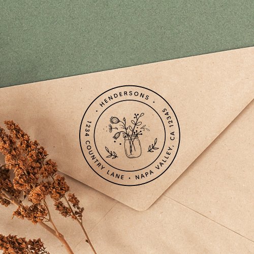 Mason Jar Flowers Round Return Address Rubber Stamp
