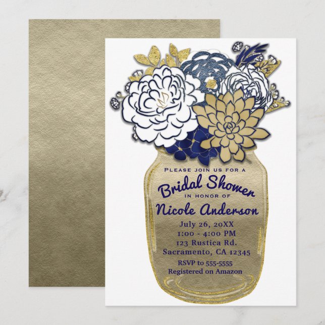 Mason Jar Flowers Rustic Blue Gold Floral Bridal Invitation (Front/Back)