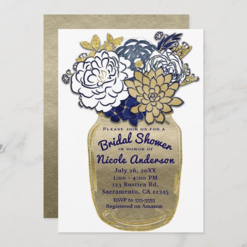 Mason Jar Flowers Rustic Blue Gold Floral Bridal Invitation