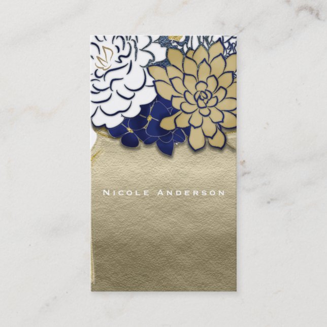Mason Jar Flowers Rustic Blue Gold Floral Chic Business Card (Front)