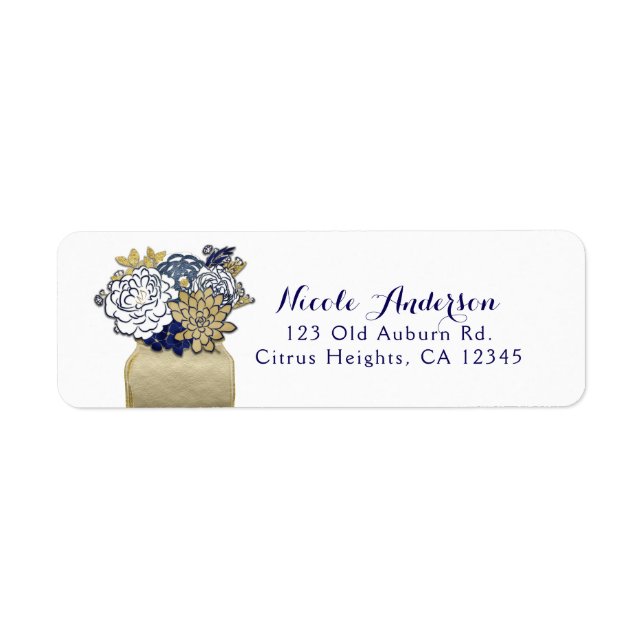 Mason Jar Flowers Rustic Blue Gold Floral Chic Label (Front)