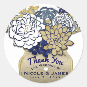 Mason Jar Flowers Rustic Blue Gold Floral Favor Classic Round Sticker