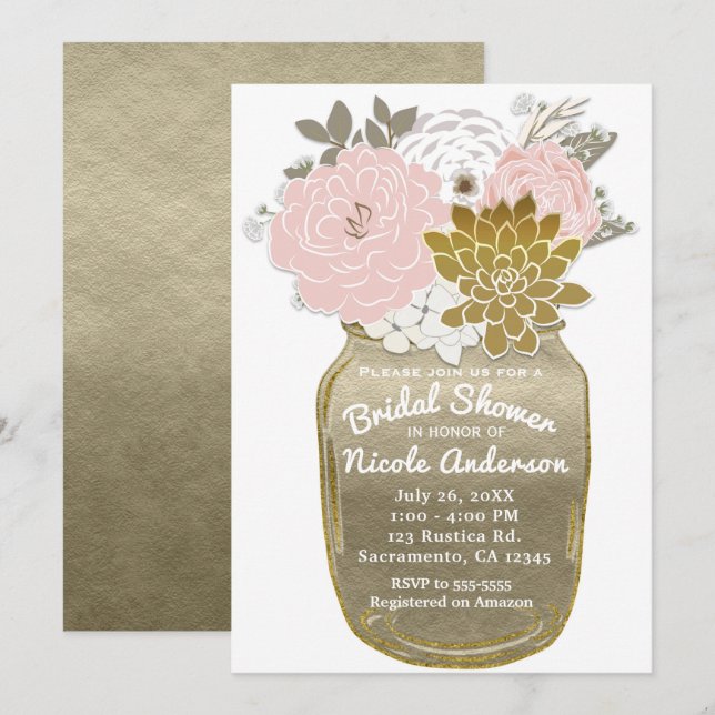 Mason Jar Flowers Rustic Floral Pink & Gold Chic Invitation (Front/Back)
