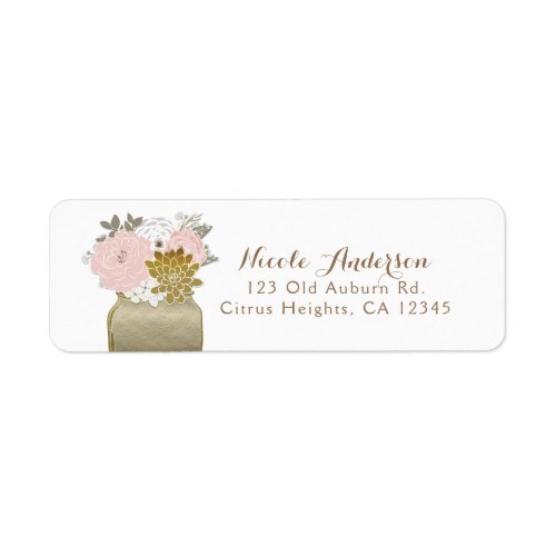 Mason Jar Flowers Rustic Floral Pink  Gold Chic Label