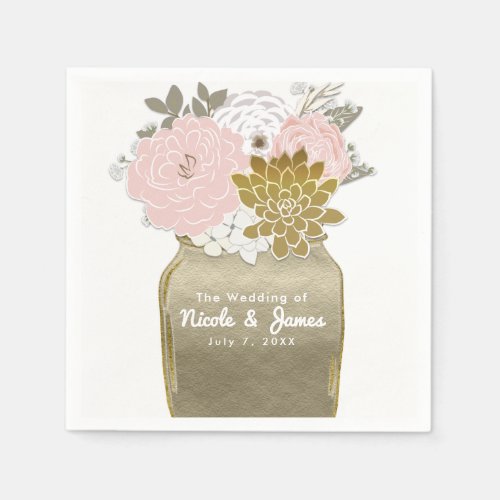 Mason Jar Flowers Rustic Floral Pink  Gold Chic Paper Napkins