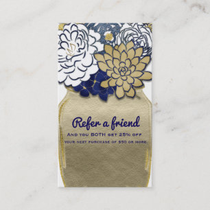 Mason Jar Flowers Rustic Gold Blue Refer a Friend Referral Card