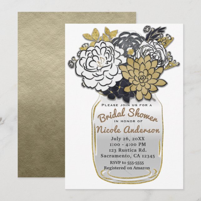 Mason Jar Flowers Rustic Grey Gold Floral Chic Invitation (Front/Back)