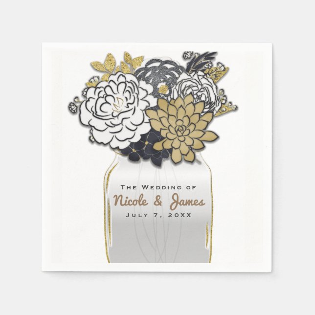 Mason Jar Flowers Rustic Grey Gold Floral Paper Napkins (Front)