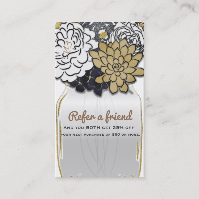Mason Jar Flowers Rustic Grey Gold Refer a Friend Referral Card (Front)