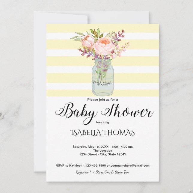 Mason Jar Flowers Yellow Stripes Baby Shower Invitation (Front)