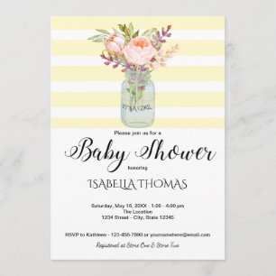 Mason Jar Flowers Yellow Stripes Baby Shower Invitation
