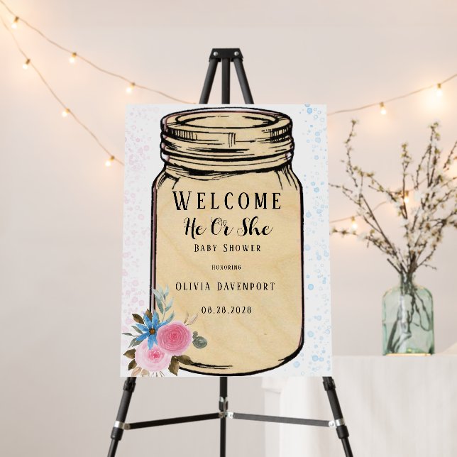Mason Jar Gender Reveal Shower Welcome Sign (In Situ (Stand))