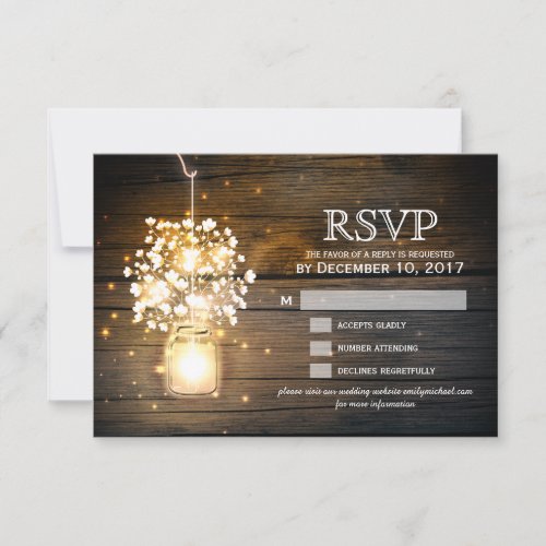 Mason Jar glowing Lights floral RSVP card - Rustic mason jars with baby's breath flowers on wood background wedding RSVP card for summer, fall, spring or winter wedding! Perfect design for the country wedding with hanging mason jar. Contact me for any support in design customization. Matching products available