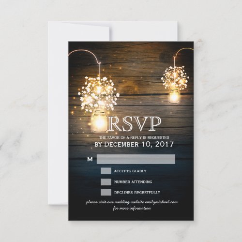 Mason Jar glowing Lights floral RSVP card - Rustic mason jars with baby's breath flowers on wood background wedding RSVP card for summer, fall, spring or winter wedding! Perfect design for the country wedding with hanging mason jar. Contact me for any support in design customization. Matching products available