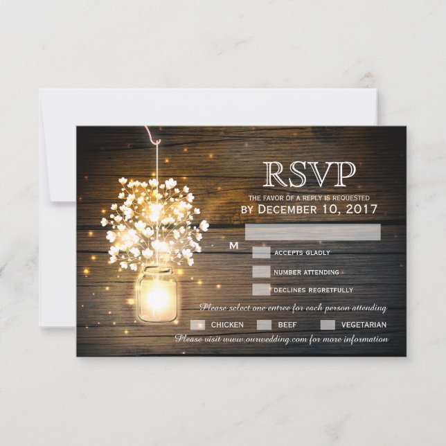 Mason Jar glowing Lights floral RSVP card (Front)