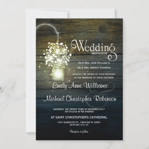 Mason Jar glowing Lights floral rustic wedding Invitation - Rustic mason jars with baby's breath flowers on wood background wedding invitation for summer, fall, spring or winter wedding! Perfect design for the country wedding with hanging mason jar. Contact me for any support in design customization. Matching products available