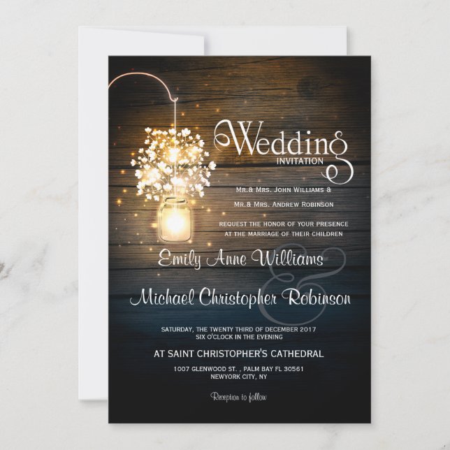 Mason Jar glowing Lights floral rustic wedding Invitation (Front)