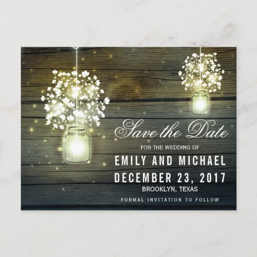 Mason Jar glowing Lights floral save the date Announcement Postcard - Rustic mason jars with baby's breath flowers on wood background wedding save the date card for summer, fall, spring or winter wedding! Perfect design for the country wedding with hanging mason jar. Contact me for any support in design customization. Matching products available