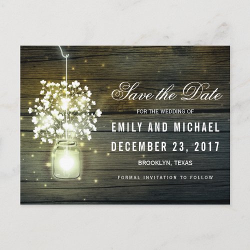Mason Jar glowing Lights floral save the date Announcement Postcard - Rustic mason jars with baby's breath flowers on wood background wedding save the date card for summer, fall, spring or winter wedding! Perfect design for the country wedding with hanging mason jar. Contact me for any support in design customization. Matching products available