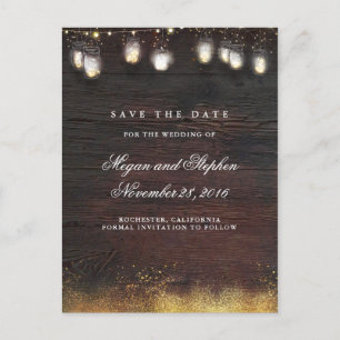 Mason Jar Gold Lights Rustic Save the Date Announcement Postcard