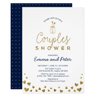 Mason Jar, Gold & Navy Couples Wedding Shower Invitation