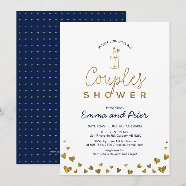Mason Jar, Gold & Navy Couples Wedding Shower Invitation (Front/Back)