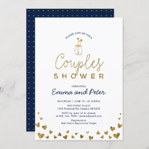 Mason Jar, Gold & Navy Couples Wedding Shower Invitation