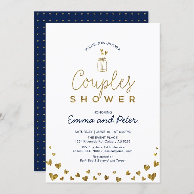 Mason Jar, Gold & Navy Couples Wedding Shower Invitation (Front/Back)