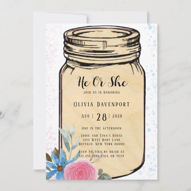 Mason Jar He or She Gender Reveal Baby Shower Invi Invitation (Front)