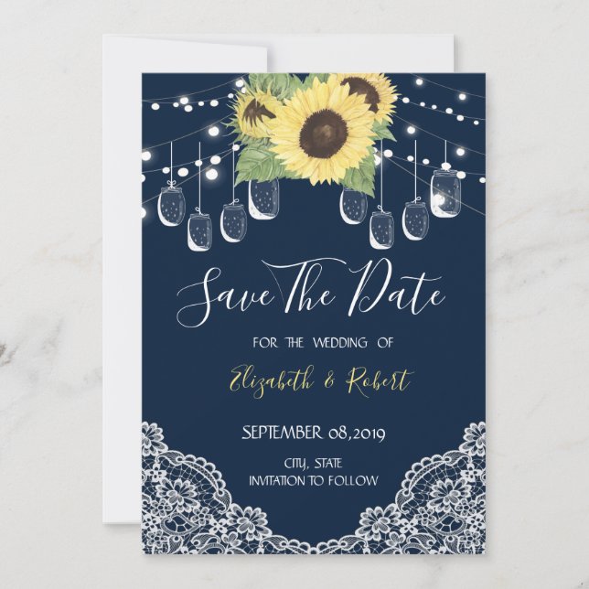 Mason Jar, Lace,Sunflowers Navy Blue Save The Date (Front)