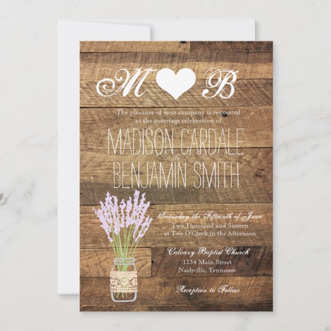 Mason Jar Lavender Barn Wood Wedding Invitations (Front)