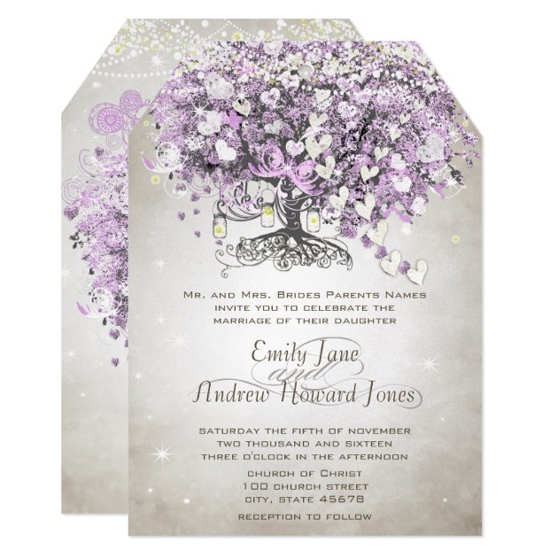 Mason Jar Lavender Heart Leaf Tree Wedding Invitation