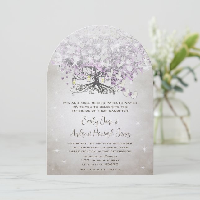 Mason Jar Lavender Heart Leaf Tree Wedding Invitation (Standing Front)