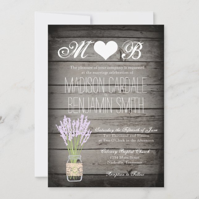 Mason Jar Lavender Rustic Wood Wedding Invitations (Front)