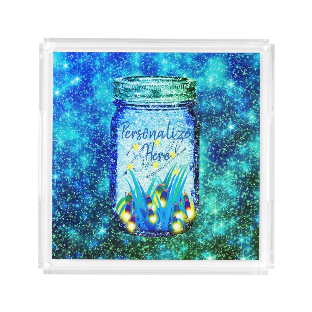 Mason jar lightning bug glowing firefly blue acrylic tray (Front)