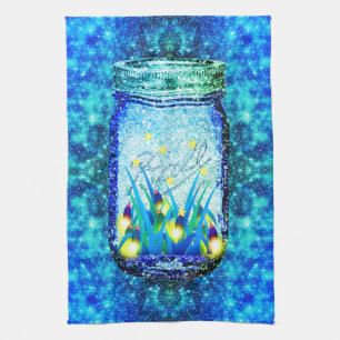 Mason jar lightning bug glowing firefly blue yello kitchen towel