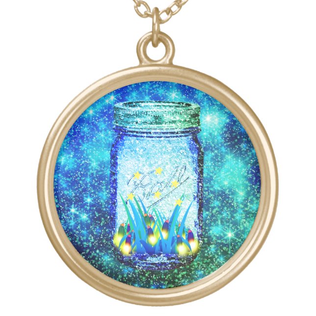 Mason jar lightning bug glowing firefly  magnet gold plated necklace (Front)