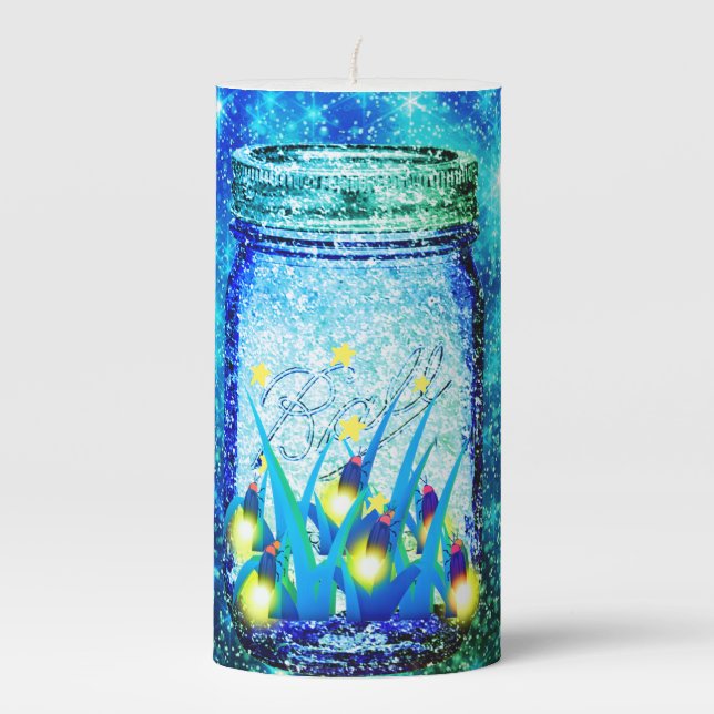 Mason jar lightning bugs glowing fireflies pillar candle (Front)