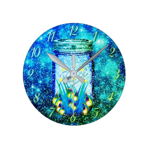 Mason jar lightning bugs glowing fireflies round clock
