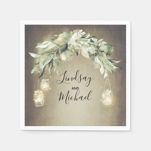 Mason Jar Lights and Greenery Rustic Wedding Napkins (Front)