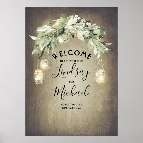 Mason Jar Lights and Greenery Wedding Welcome Sign