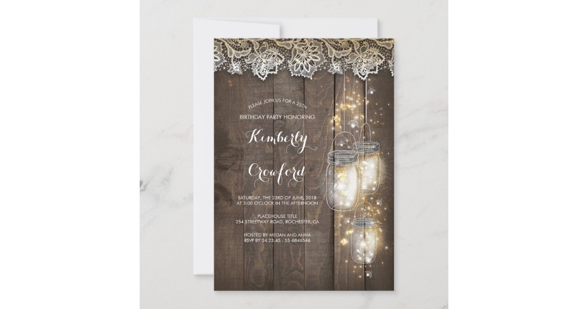 Mason Jar Lights and Lace Rustic Birthday Party Invitation | Zazzle