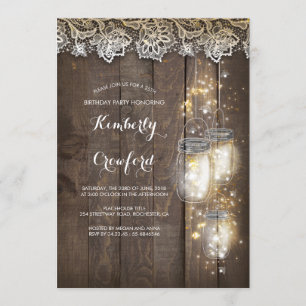 Mason Jar Lights and Lace Rustic Birthday Party Invitation