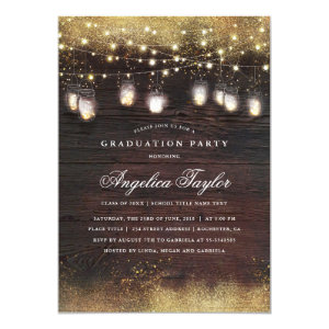Mason Jar Lights and Rustic Wood Graduation Party Invitation