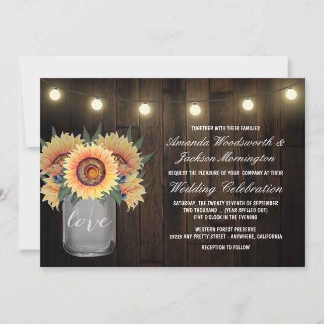 Mason Jar Lights and Sunflower Wedding Invitations (Front)